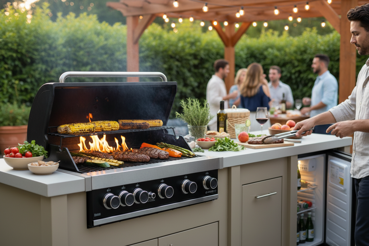 A large outdoor gas grill with multiple cooking items is set on a built-in kitchen island in a backyard patio setting. People are visible dining and grilling in the background under a wooden pergola with string lights.