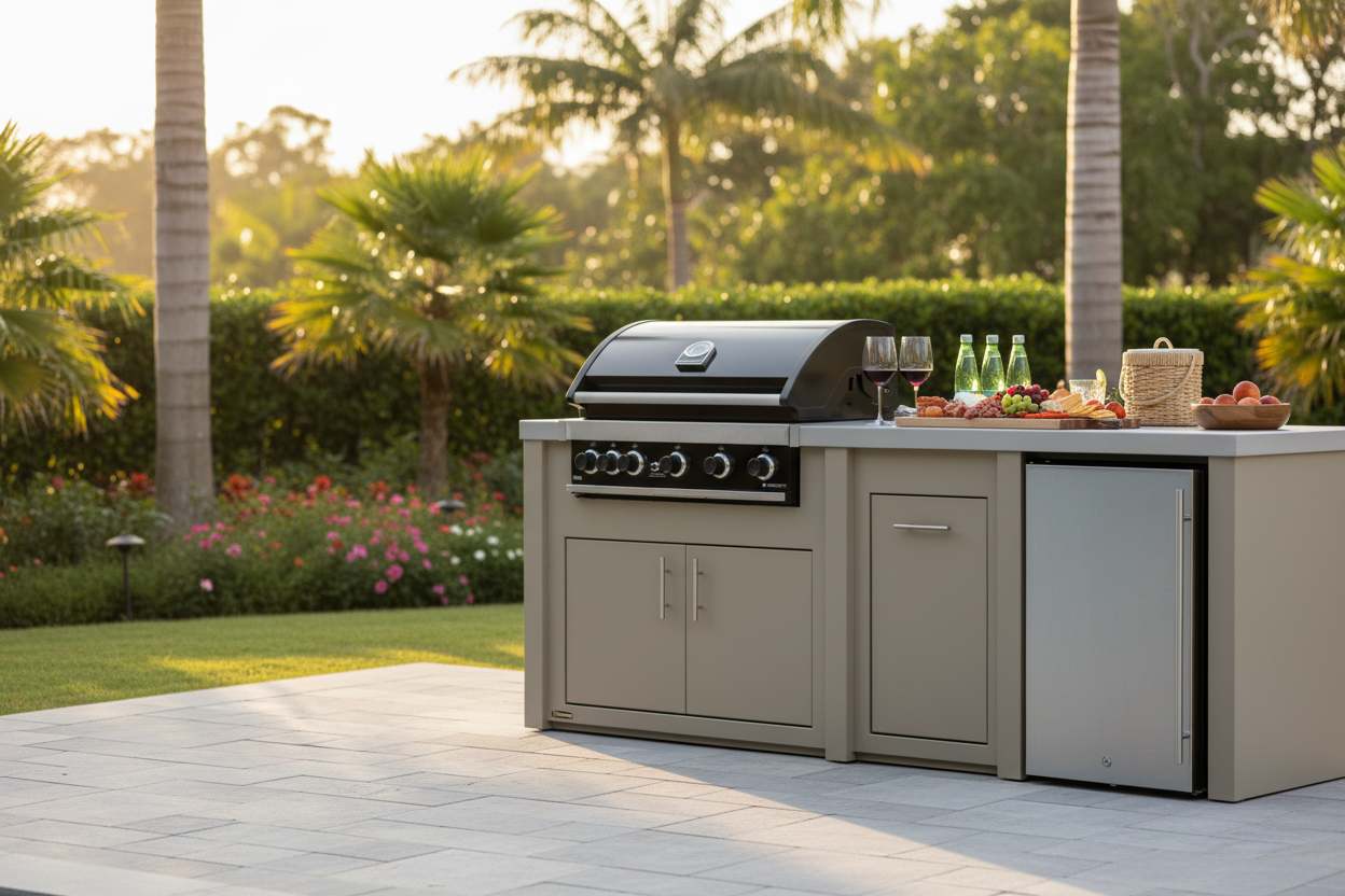 Outdoor kitchen island with a black gas grill and a built-in stainless steel refrigerator, set on a light stone patio with palm trees and greenery in the background.