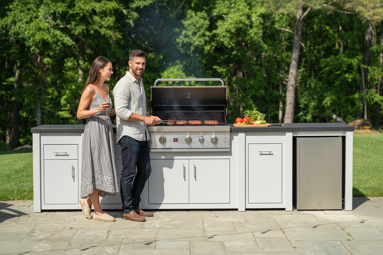 A man and a woman stand beside a large outdoor gas grill on a built-in kitchen island. The grill has a black top and control panel with stainless steel lower cabinets and a matching stainless steel side refrigerator.