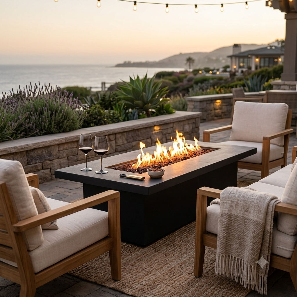 Outdoor patio with fire pit table, chairs, and ocean view