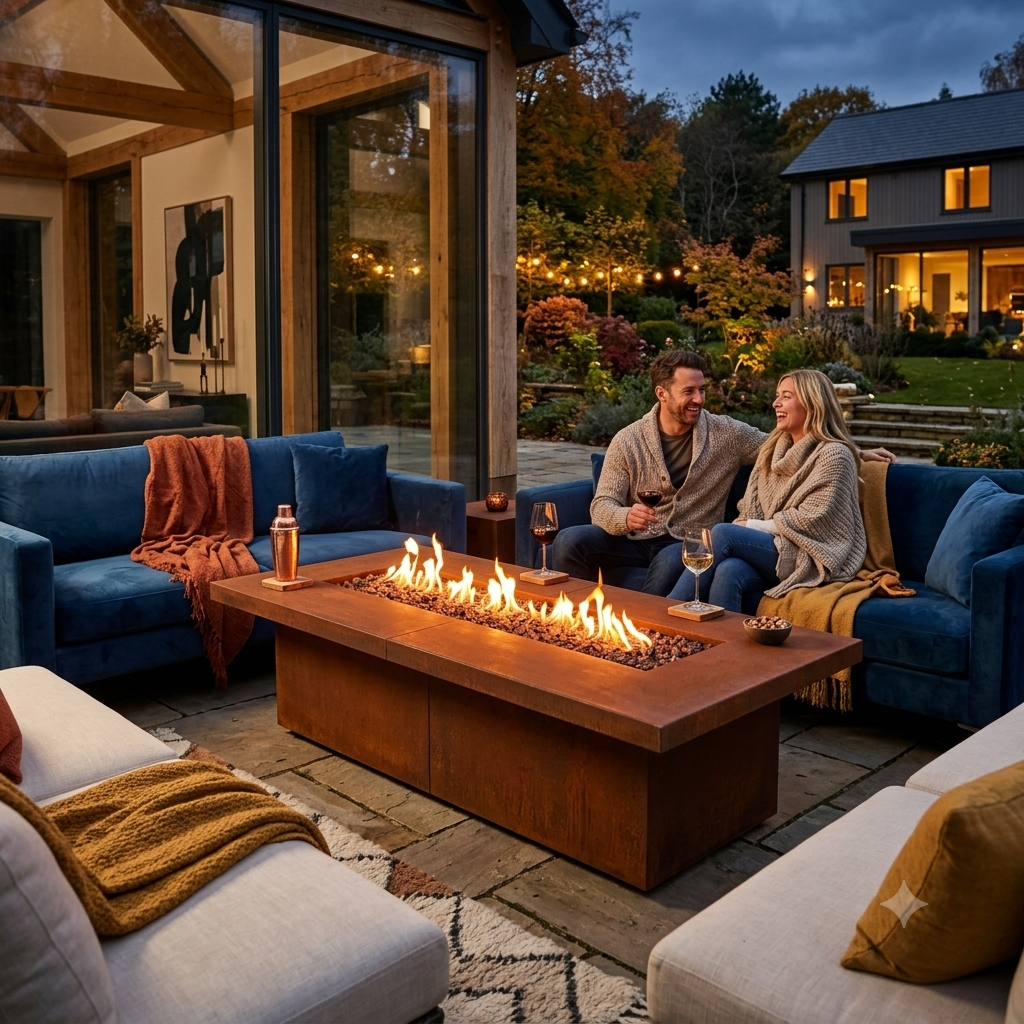 Two people sitting on a patio with a fire pit table, surrounded by cozy outdoor furniture.