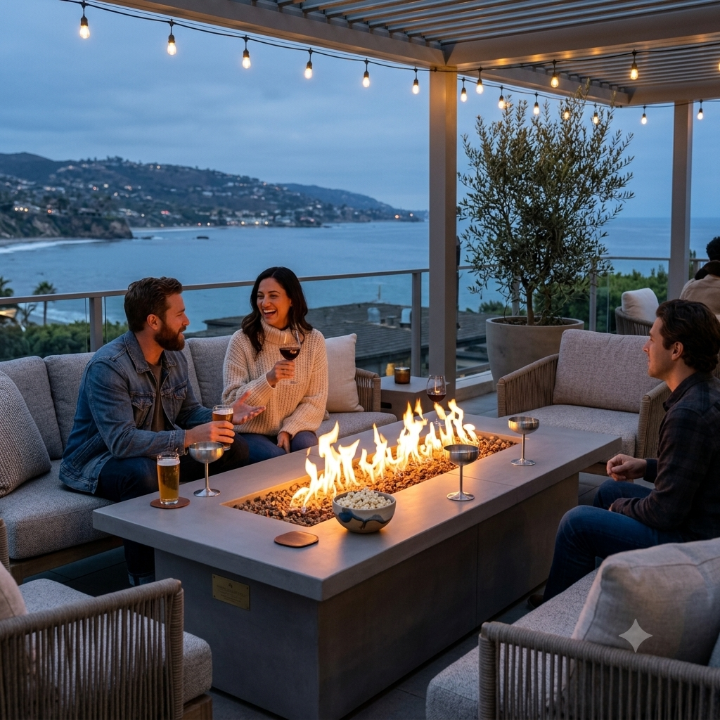 People enjoying a conversation around a fire pit table with a scenic view of water and mountains.