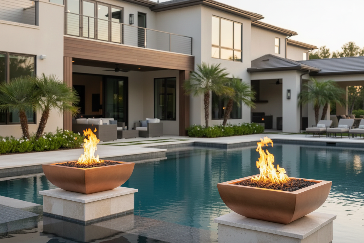 Two round copper-toned fire pits with active flames sit on stone pedestals beside a swimming pool in front of a modern house with palm trees and outdoor seating.