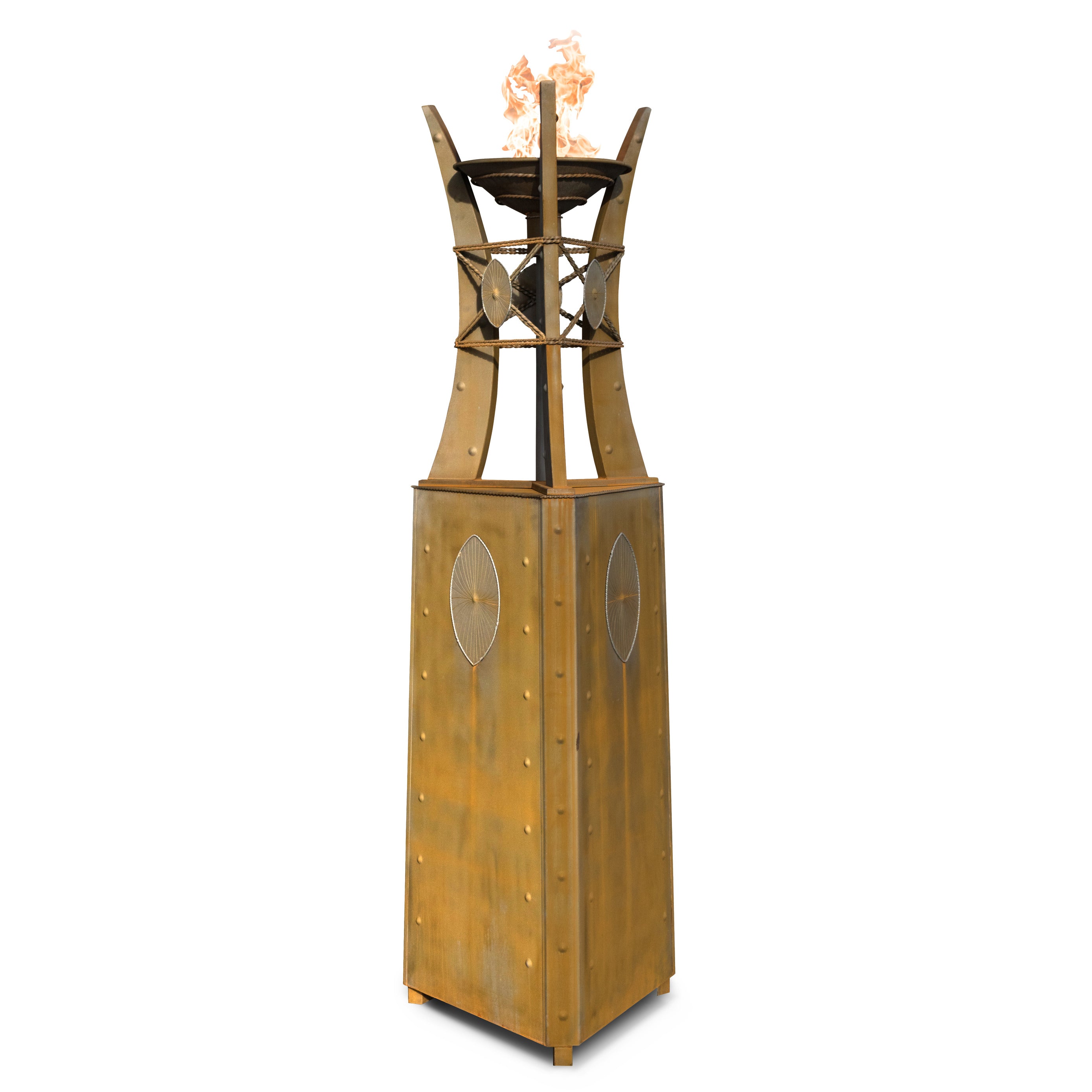 he Outdoor Plus 24-inch Triangular Bastille Fire Tower in Corten Steel finish with live flame, front view on white background