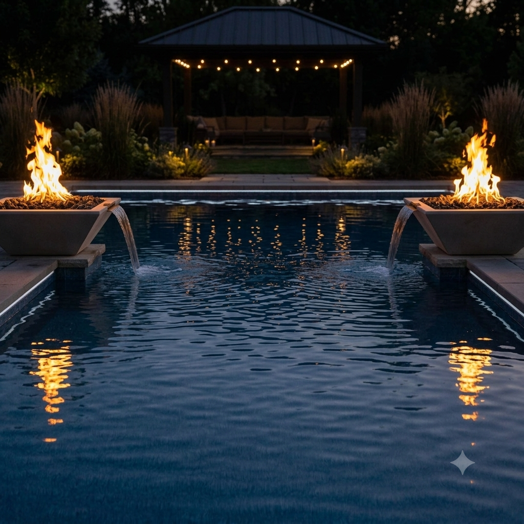 Pool with fire pits on either side at night