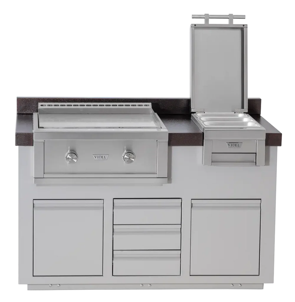 Outdoor kitchen island with grill and sink on a white background