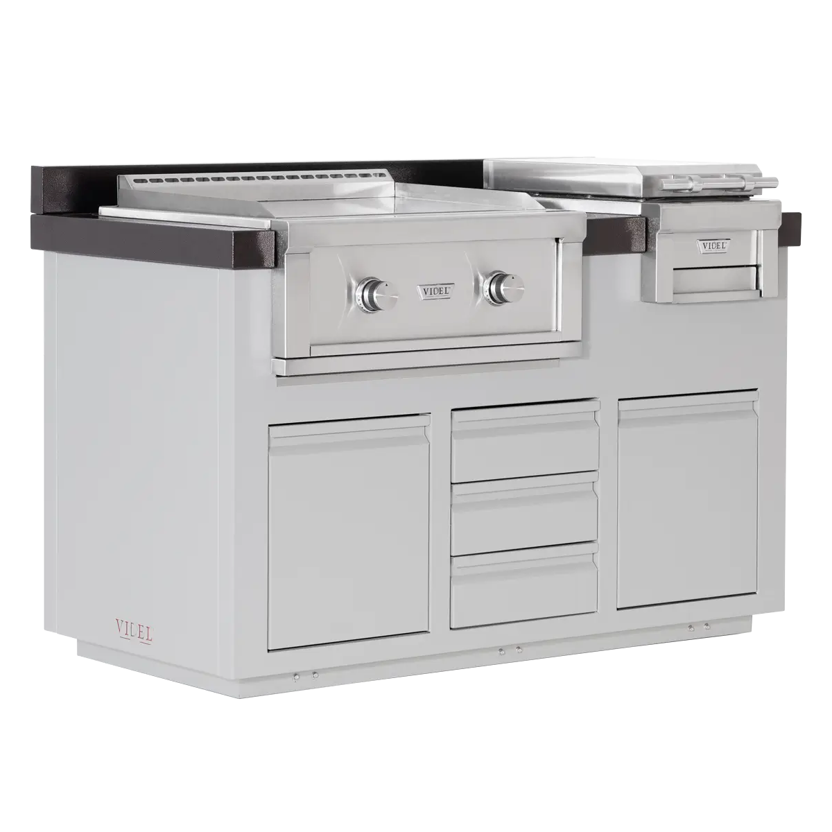 Stainless steel outdoor kitchen island with cooktop and storage drawers on a white background