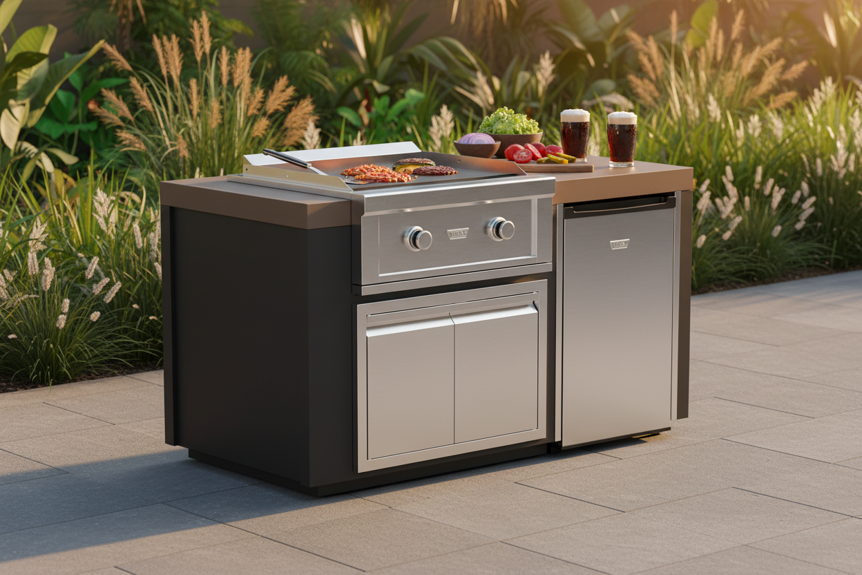 Outdoor kitchen island with a flat-top grill, double oven, and a small refrigerator, shown on a paved patio with plants in the background.