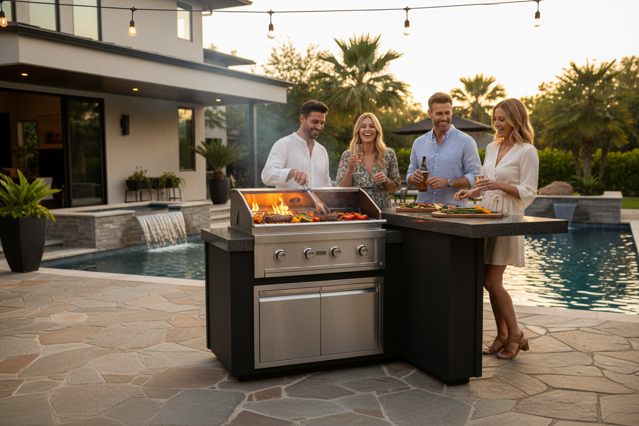 A stainless steel and black outdoor kitchen island grill with a built-in side bar is set by a pool at dusk, with four people gathered around grilling and holding drinks. The background shows a modern house, palm trees, and a stone patio.