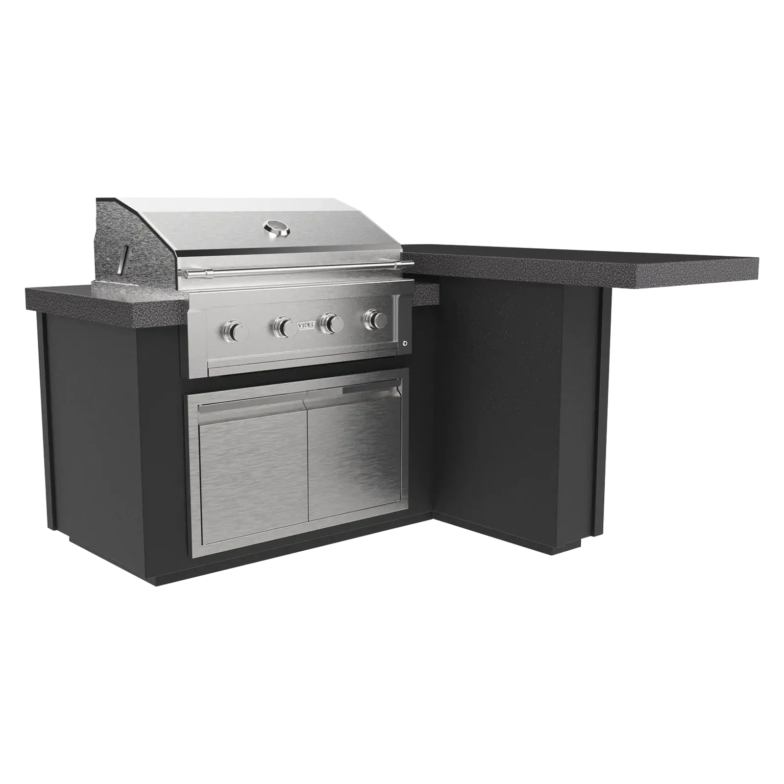Outdoor grill with a black cabinet on a white background