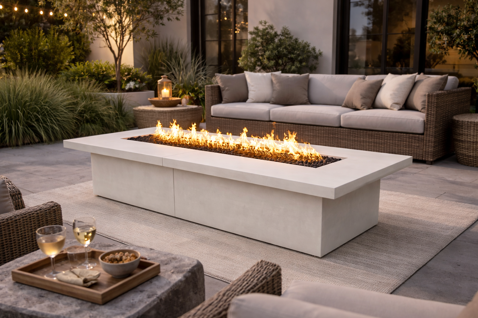 Outdoor patio with fire pit table and seating area