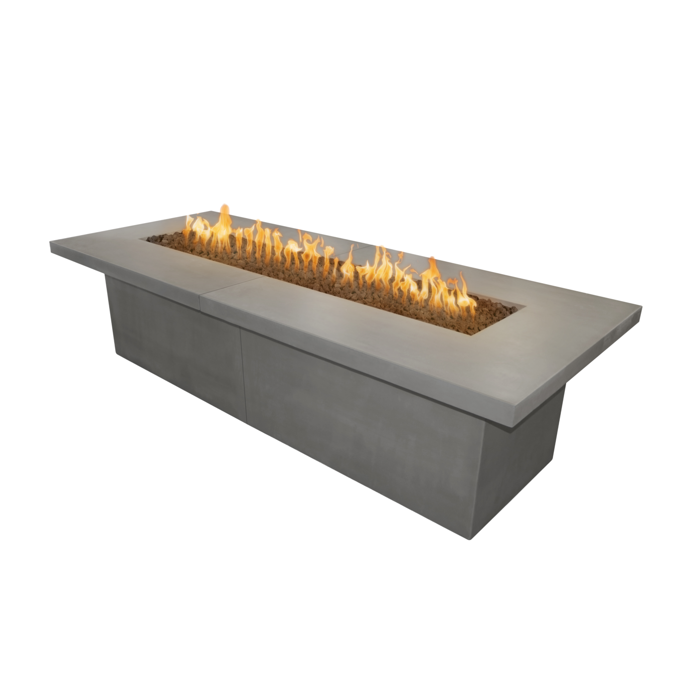 Rectangular concrete fire pit with flames on a white background