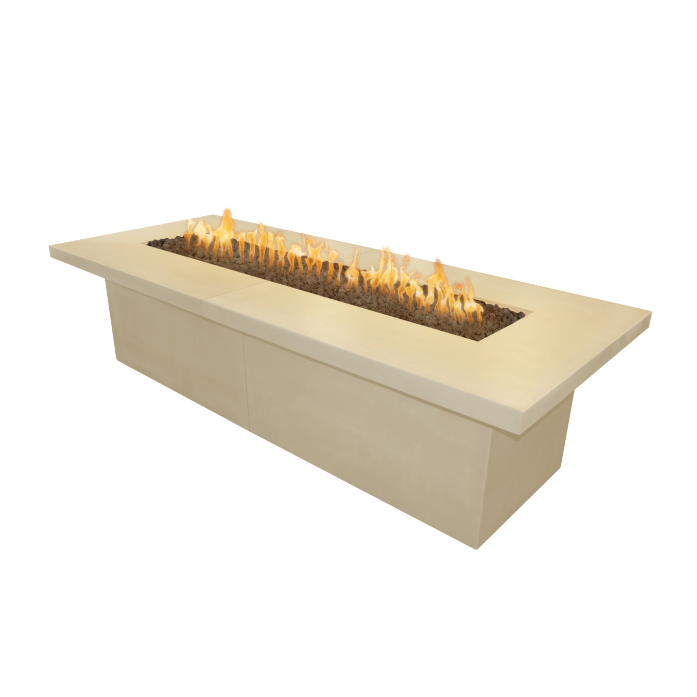 Rectangular fire pit with flames on a white background