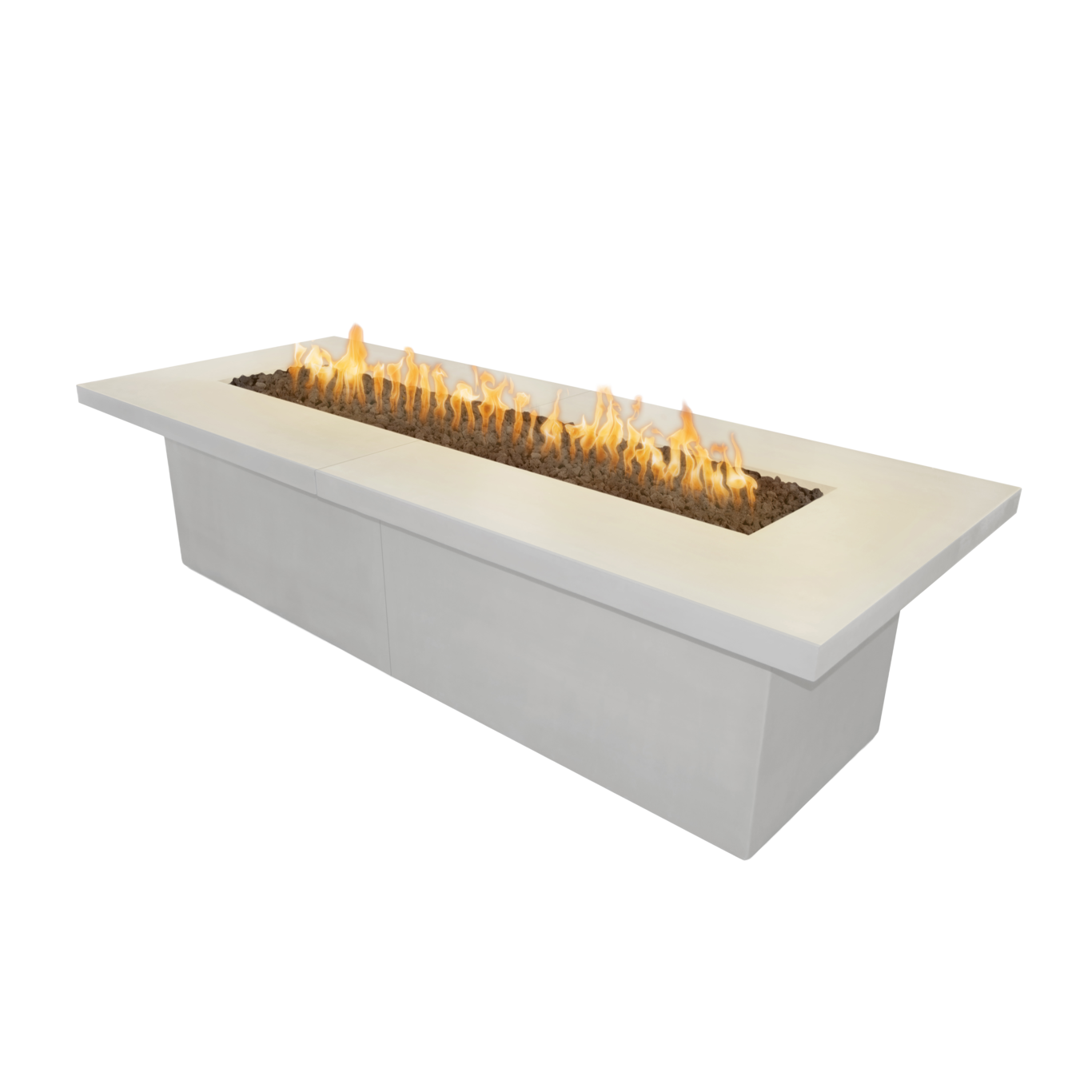 Rectangular fire pit table with flames on a white background