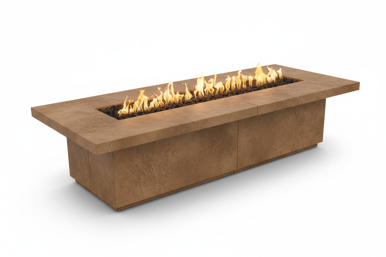 Wooden fire pit table with flames on a white background