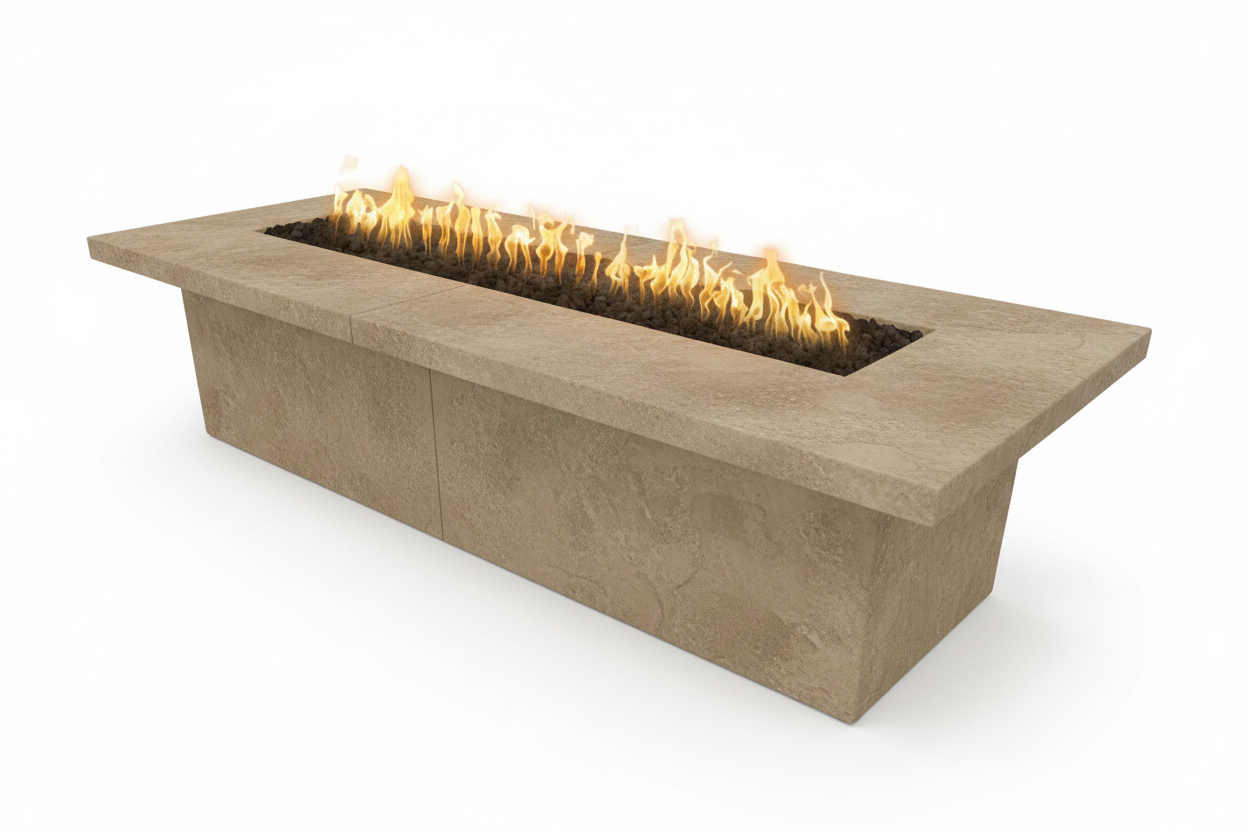 Rectangular concrete fire pit with flames on a white background