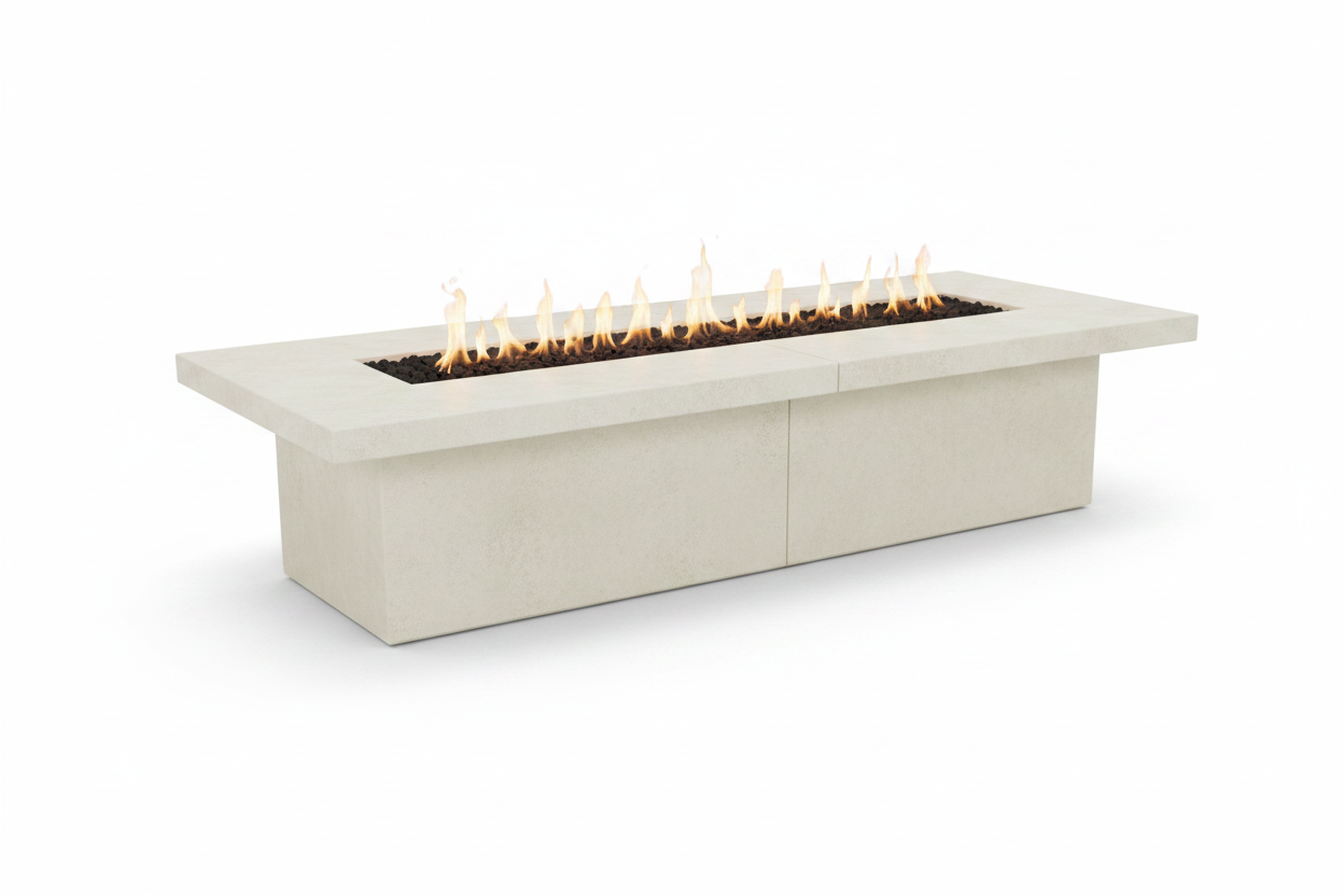 Rectangular fire pit table with flames on a white background