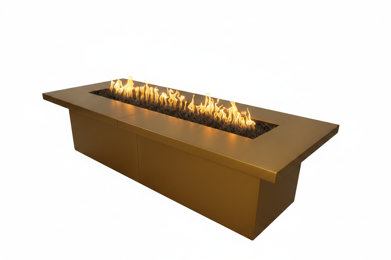 Rectangular fire pit table with flames on a white background