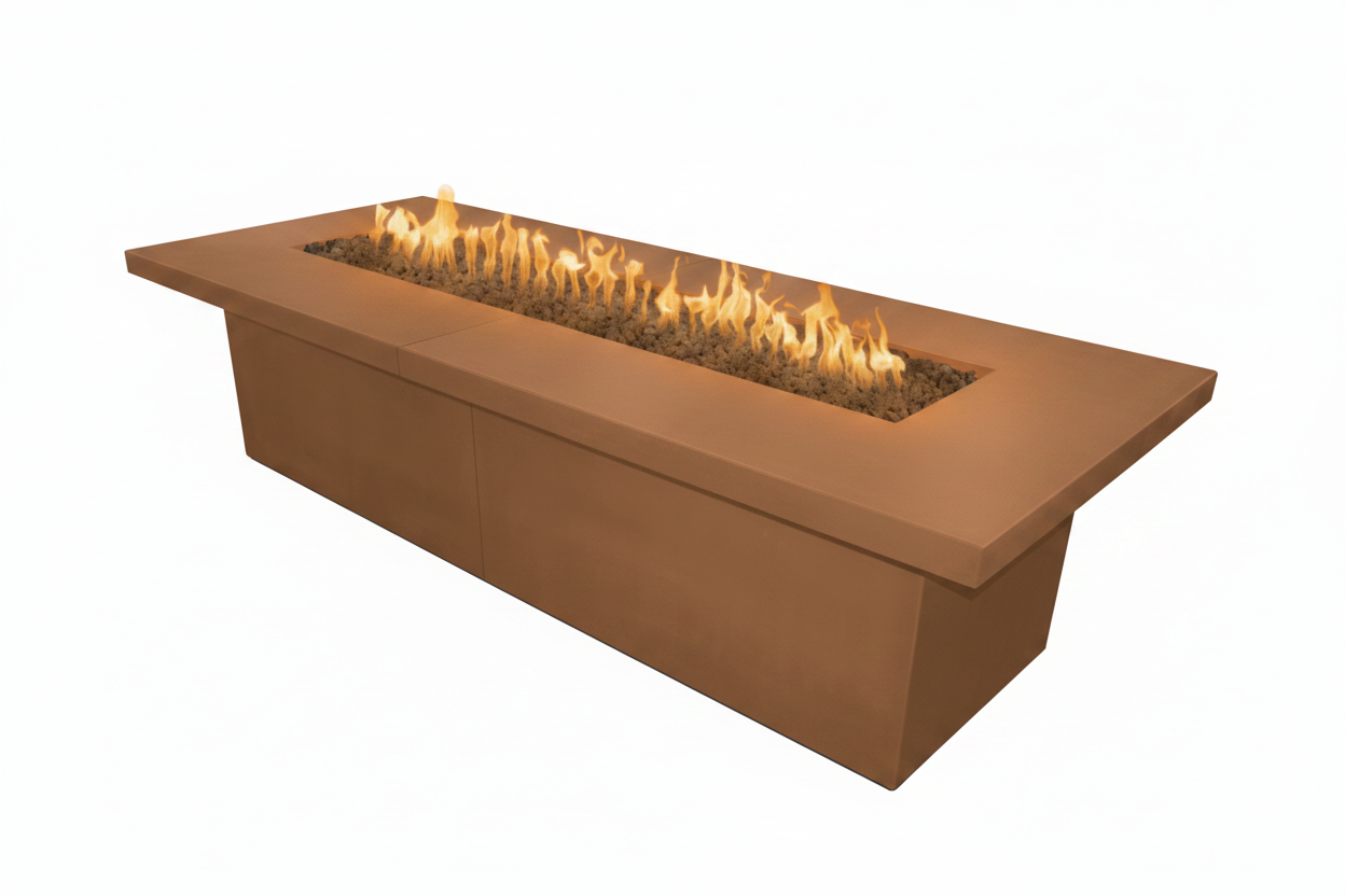 Rectangular fire pit table with flames on a white background