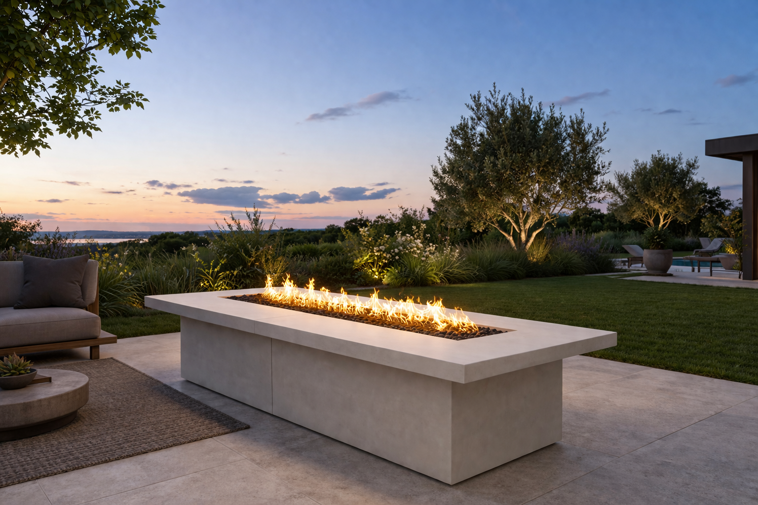 Outdoor fire pit table with a scenic sunset view in a garden setting.