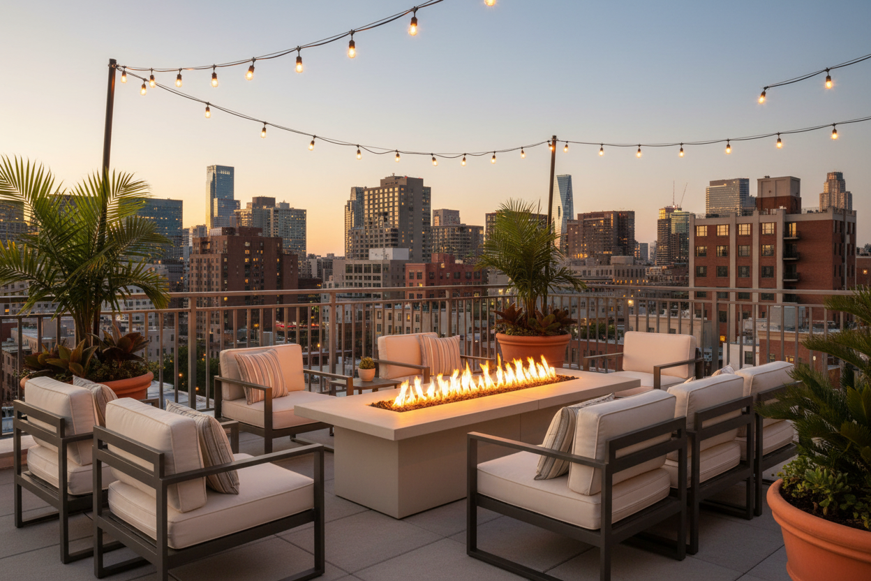Outdoor patio with fire pit table and chairs on a rooftop with city skyline in the background
