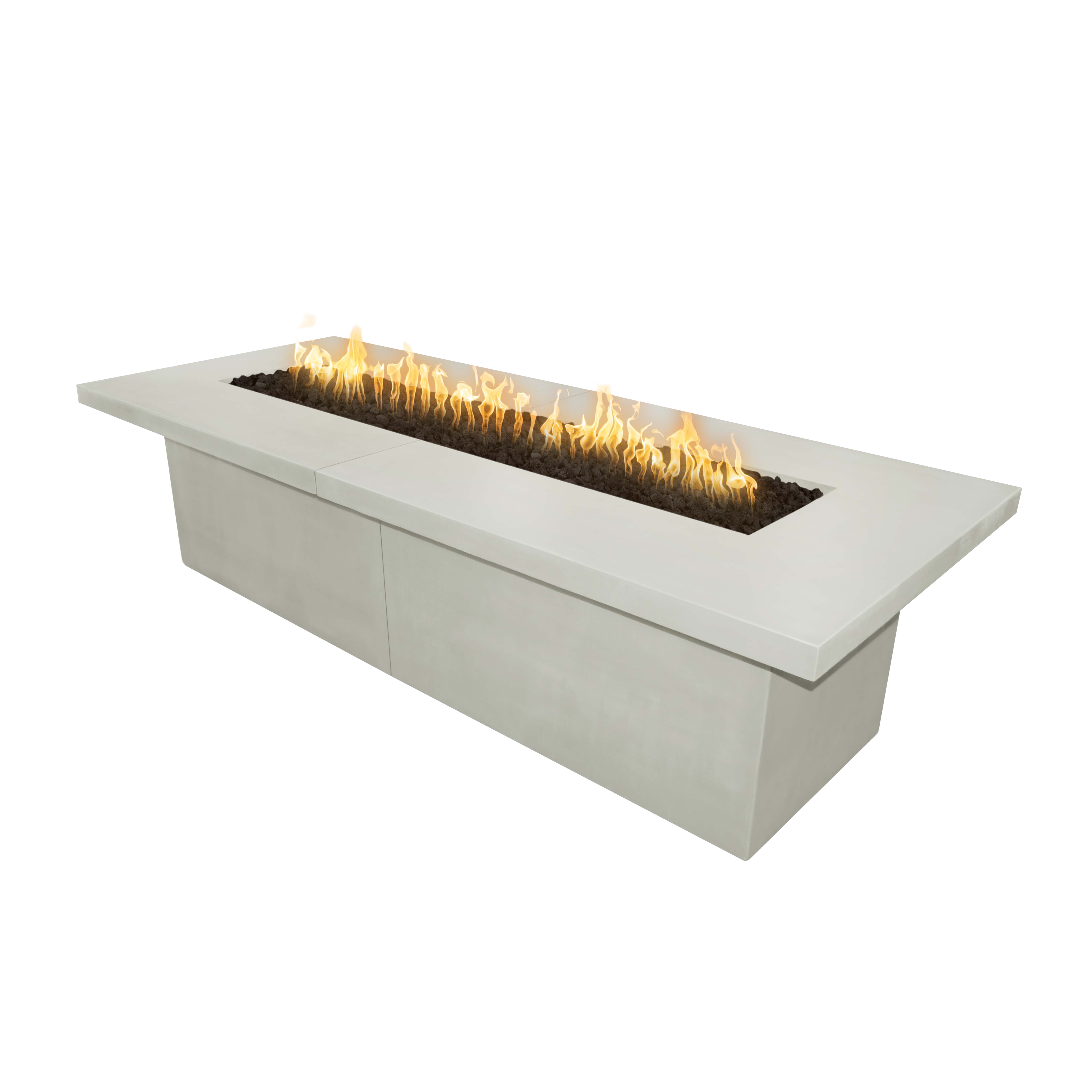 Rectangular fire pit table with flames on a white background