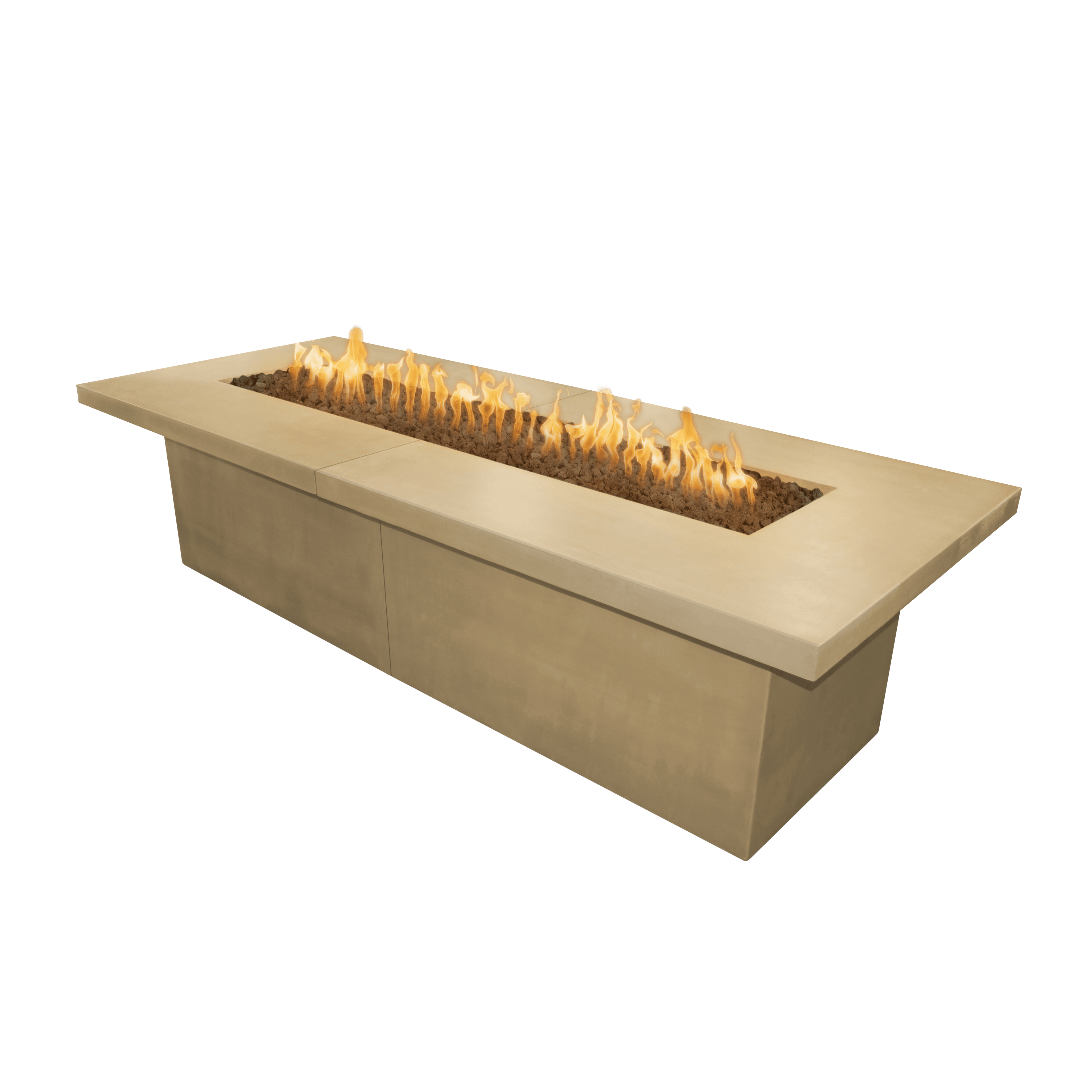 Rectangular concrete fire pit with flames on a transparent background