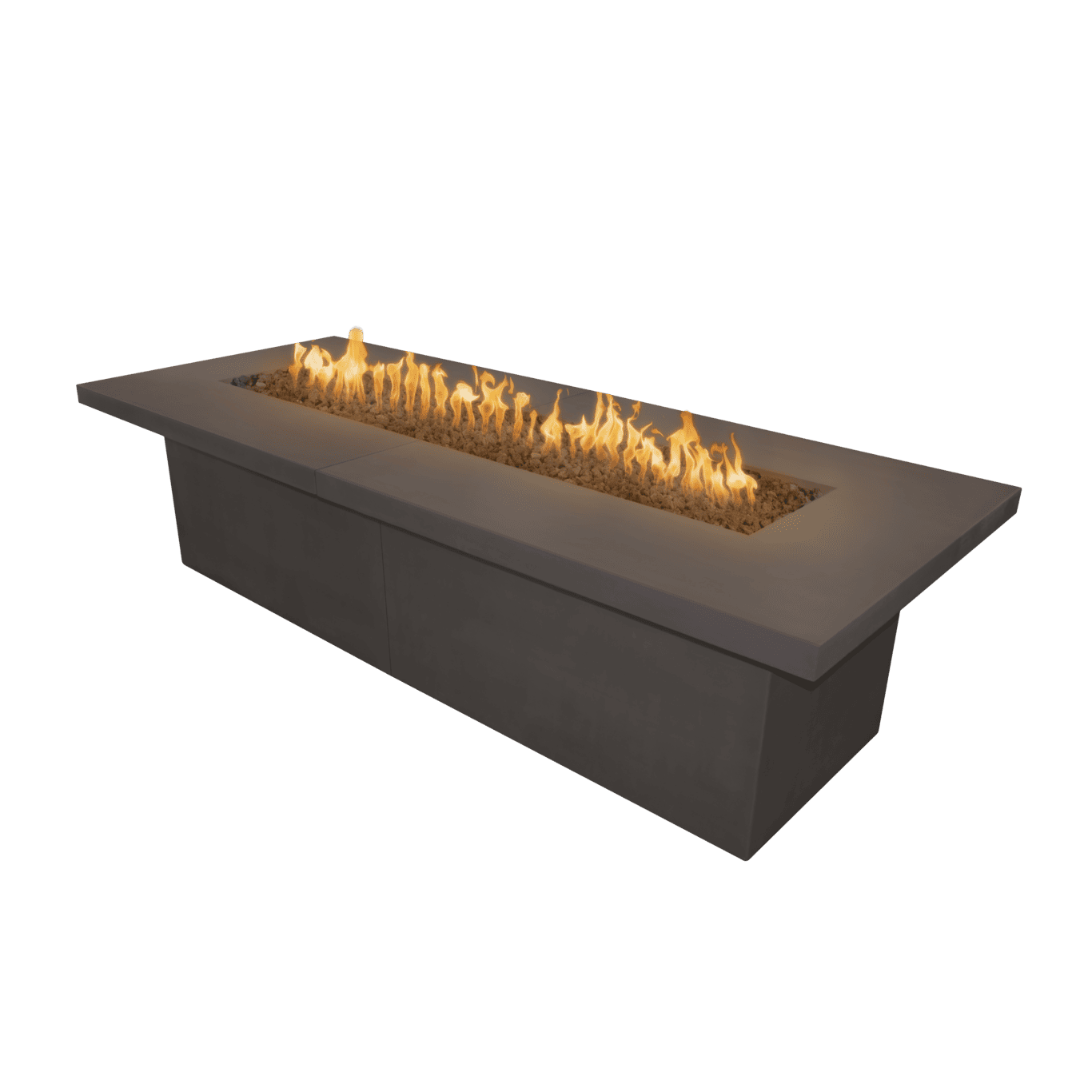 Rectangular fire pit table with flames on a transparent background