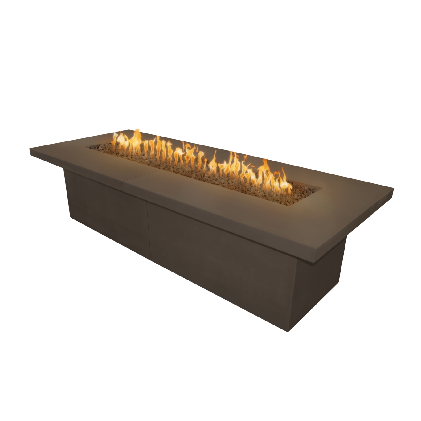 Rectangular fire pit table with flames on a white background