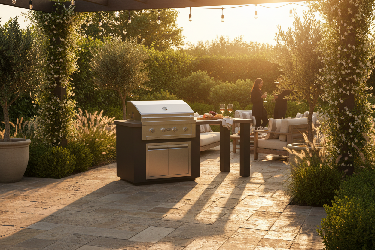 A stainless steel outdoor gas grill with a silver lid sits on a stone patio in a beautifully landscaped backyard at sunset, with patio furniture and people visible in the background.