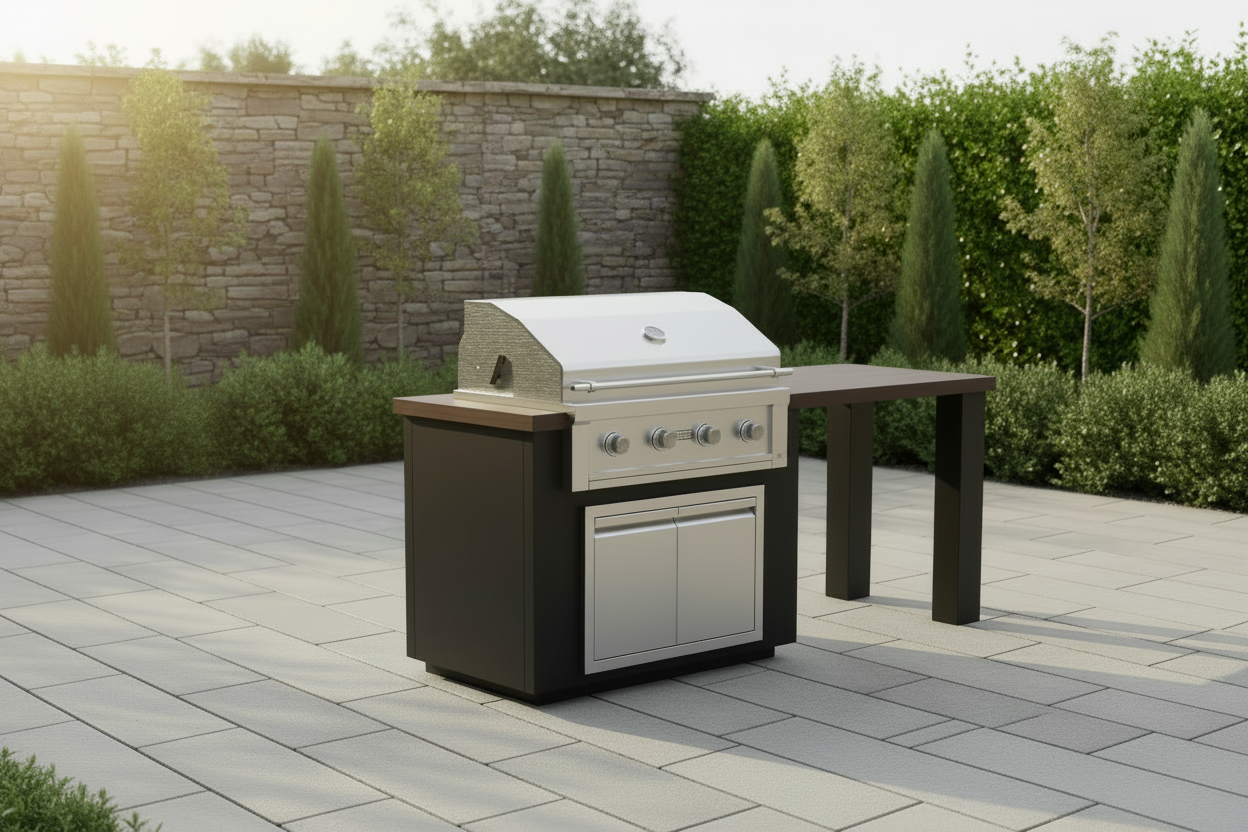 Videl USA 84" Alta T Complete BBQ Island with built-in side table — dark powder-coated cabinet, stainless steel 4-burner grill, double access doors, and warm brown countertop, styled on a modern stone patio with manicured garden backdrop