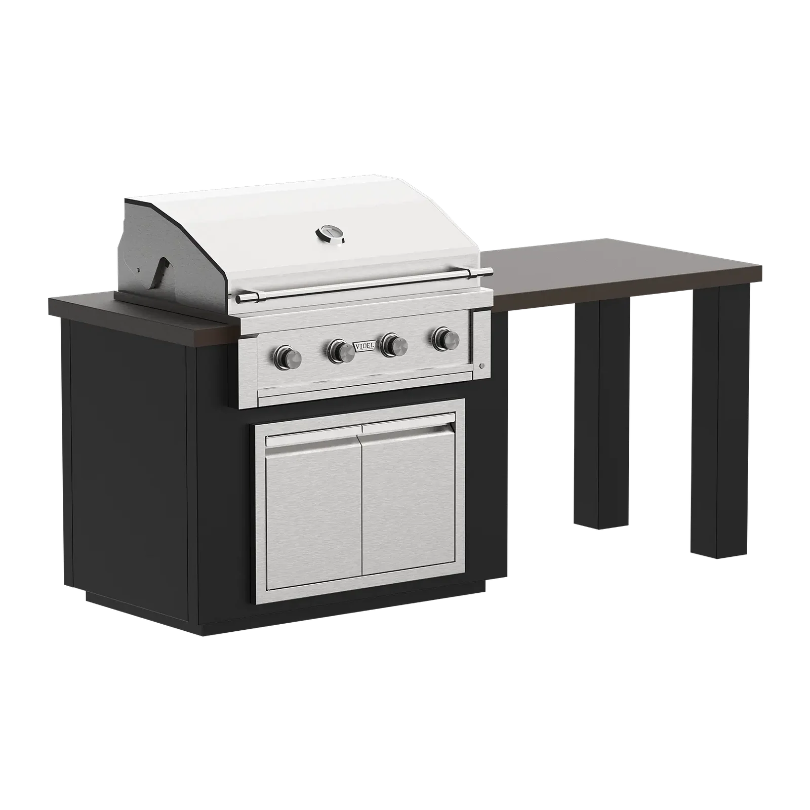 Outdoor kitchen island set featuring a stainless steel gas grill with a white lid, a dark wood-look side table, and a matching dark wood-look cabinet base on a white background.