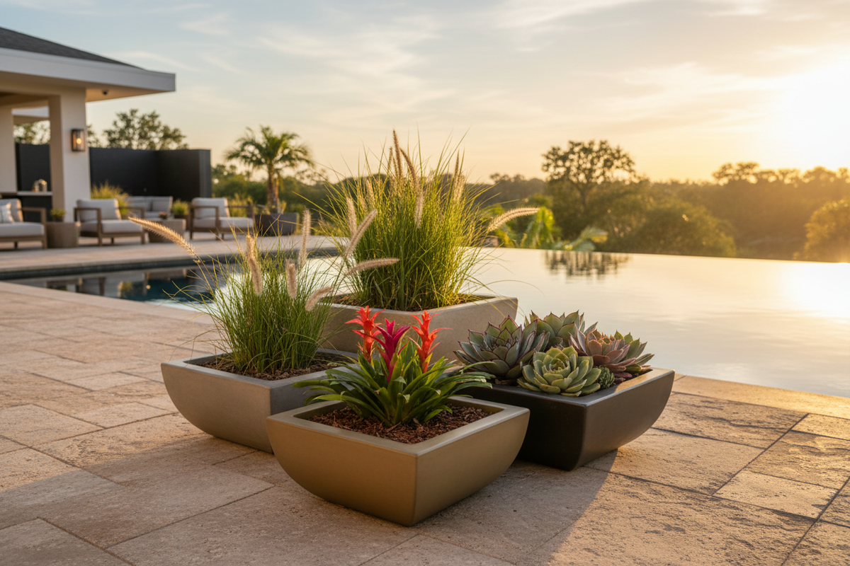 Four modern square planter boxes arranged on a stone patio beside a swimming pool at sunset, containing green ornamental grasses, succulents, and a bright red flowering plant.
