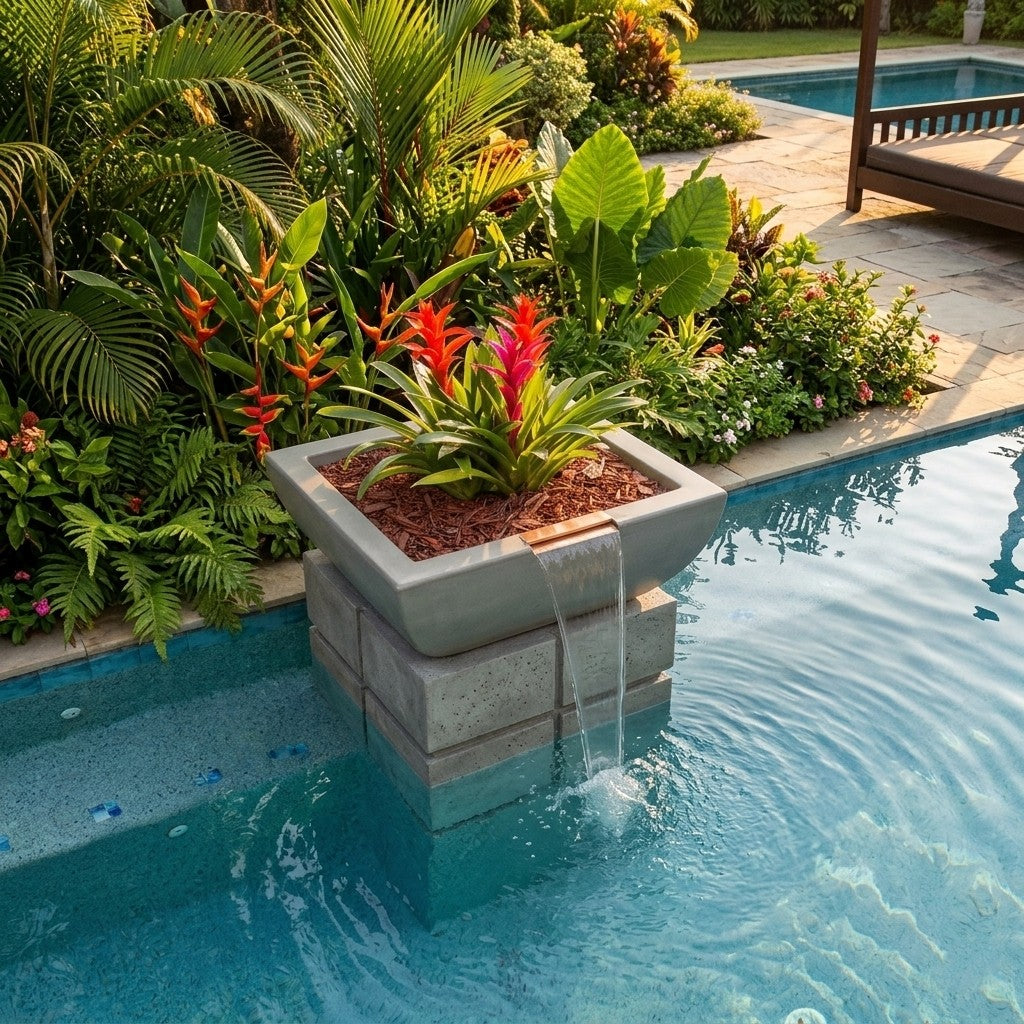 A rectangular concrete planter box with a small waterfall feature, filled with green foliage and bright red flowers, placed in a swimming pool beside a stone patio and tropical plants.