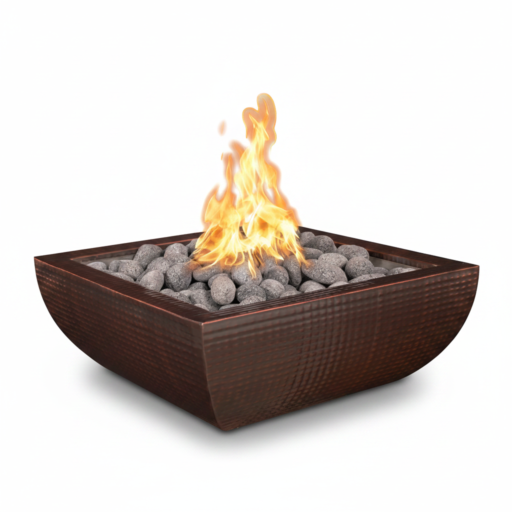 A square outdoor fire pit with a textured dark bronze-brown metal bowl, filled with gray river stones and a bright orange-yellow flame, shown on a solid white background.