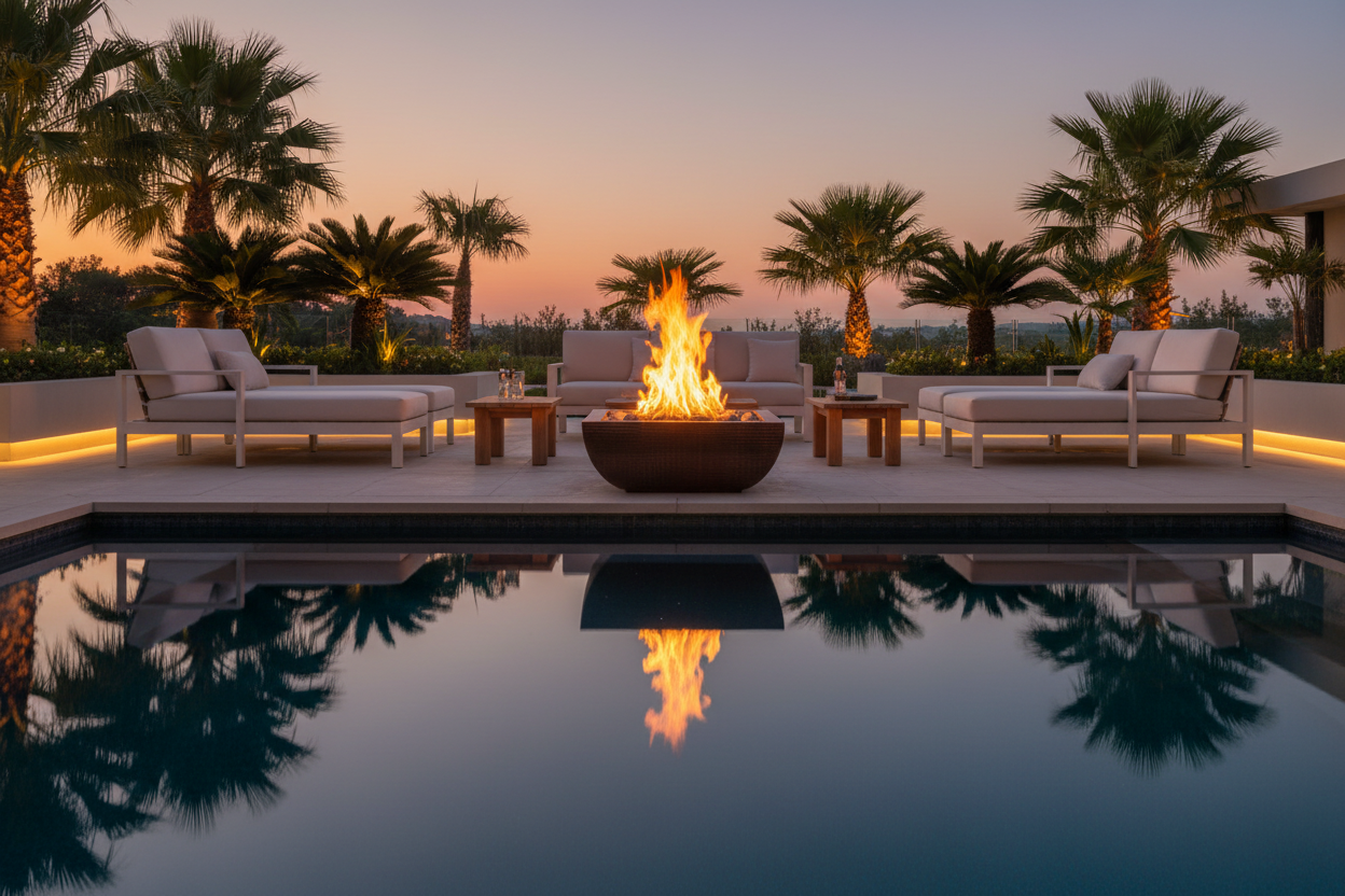 Outdoor patio fire pit with a glowing flame, surrounded by lounge chairs and palm trees at sunset, with the scene reflected in a swimming pool.