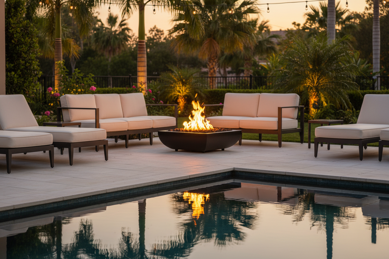 Outdoor patio furniture set arranged around a fire pit next to a swimming pool at dusk, with palm trees and warm string lights in the background.