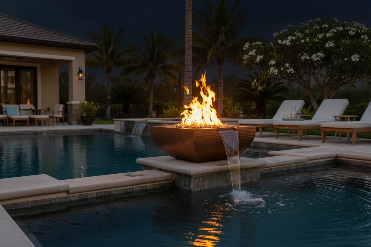 A modern outdoor fire pit bowl with a bright flame, situated on a pool deck next to a swimming pool with a waterfall feature, at dusk with palm trees and lounge chairs in the background.