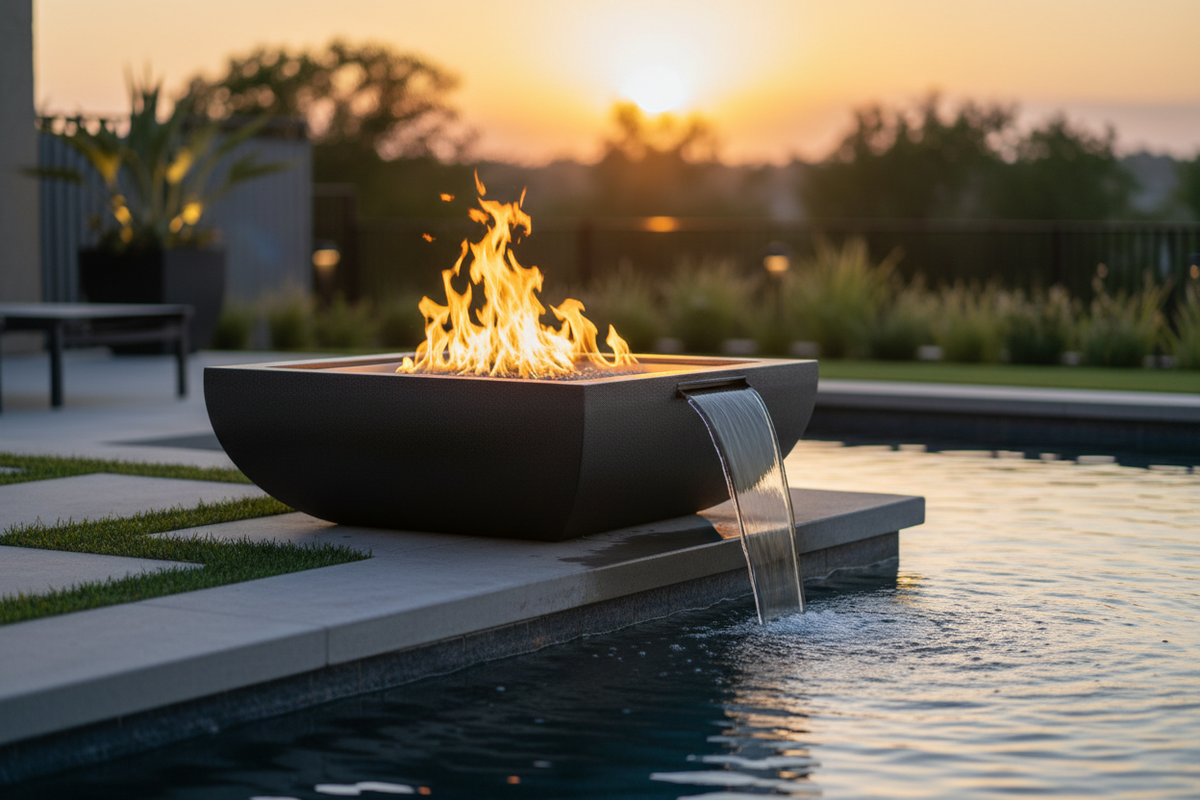 A modern black stone fire pit bowl with active flames and a waterfall spout, placed beside a swimming pool at sunset.