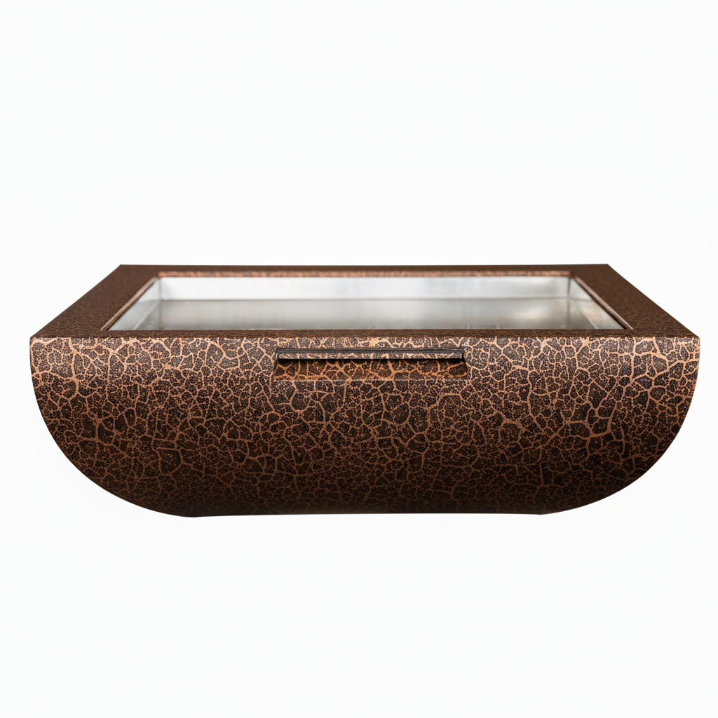 A rectangular planter with a rounded bottom and a textured, crackled metallic bronze exterior, featuring a clear glass top and a central metal handle, shown against a plain white background.