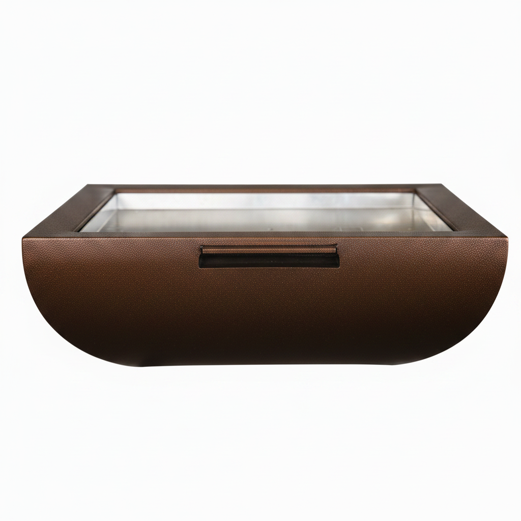 A rectangular outdoor planter box with a textured bronze-brown finish, a semi-rounded bottom, and a clear glass top cover, shown against a plain white background.