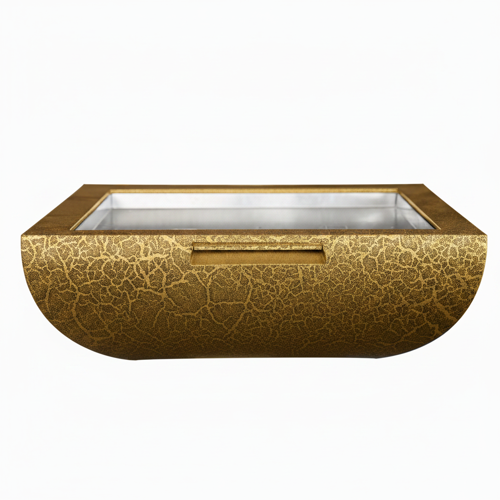 A rectangular gold-toned planter with a textured crackle finish and a clear glass top, shown against a plain white background.