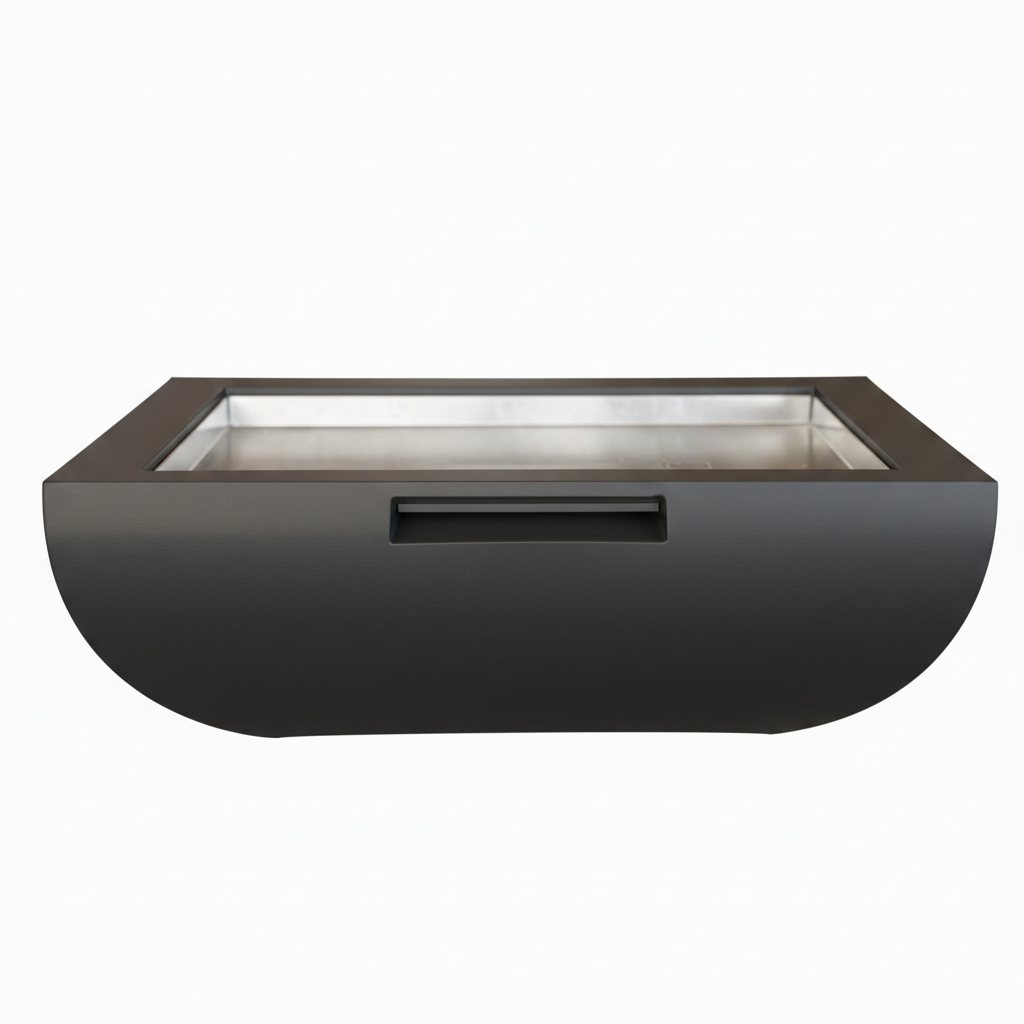 A modern rectangular fire pit with a matte black exterior, a recessed handle, and a clear glass or acrylic top showing a silver-toned interior, set against a plain white background.