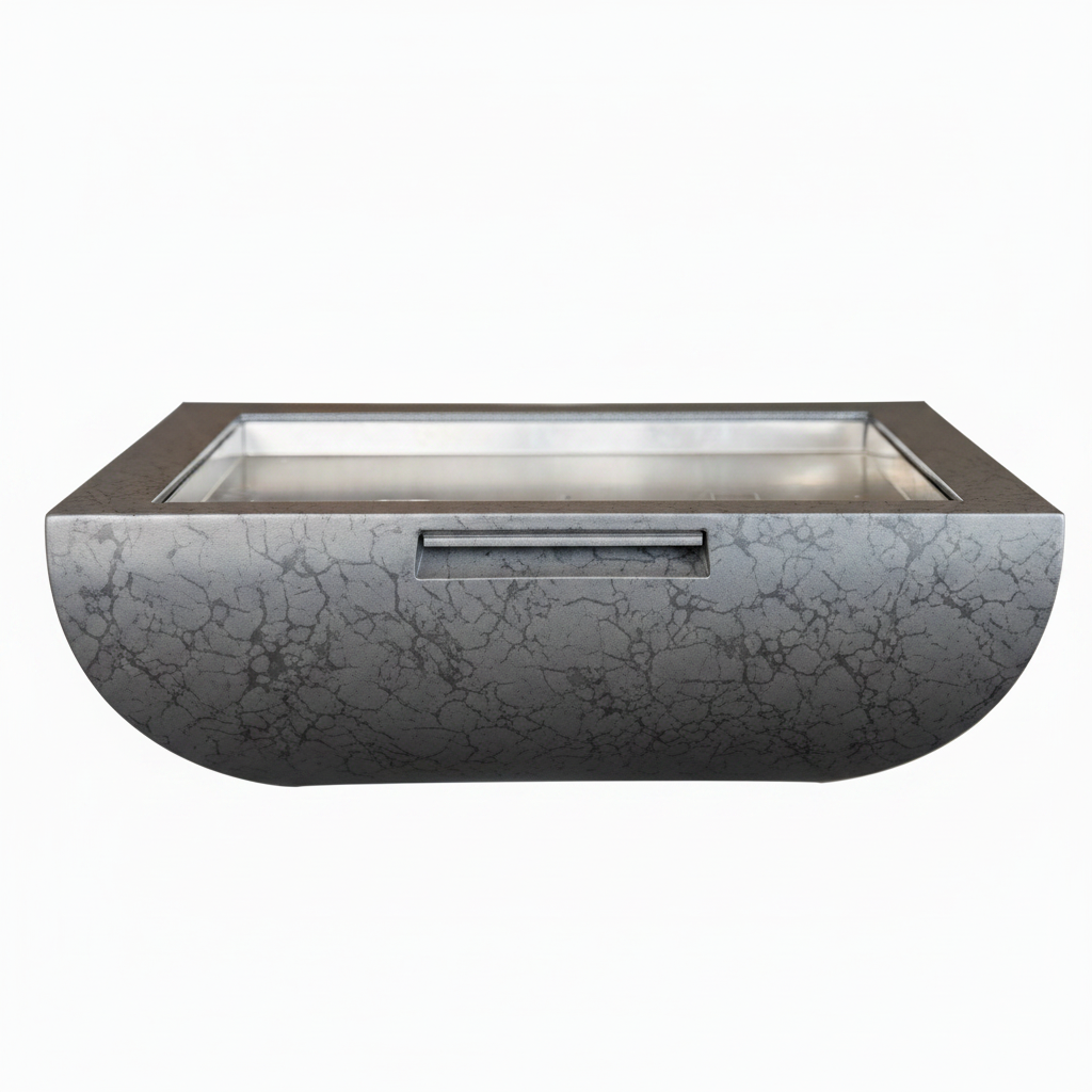 A rectangular outdoor fire pit with a dark gray and black crackled stone exterior and a brushed silver stainless steel interior, shown against a plain white background.