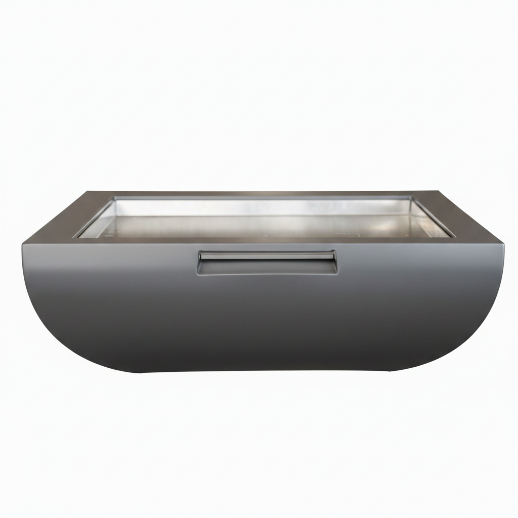A modern rectangular outdoor fire pit with a dark gray semi-circular outer shell, a stainless steel interior, and a recessed handle on the front, shown against a plain white background.