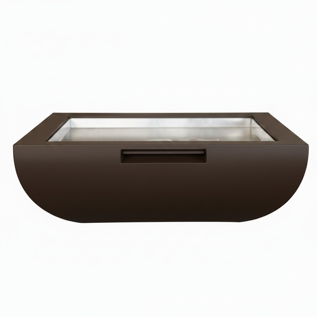 A modern semi-circular outdoor fire pit planter in a dark brown finish with a stainless steel interior, shown against a plain white background.