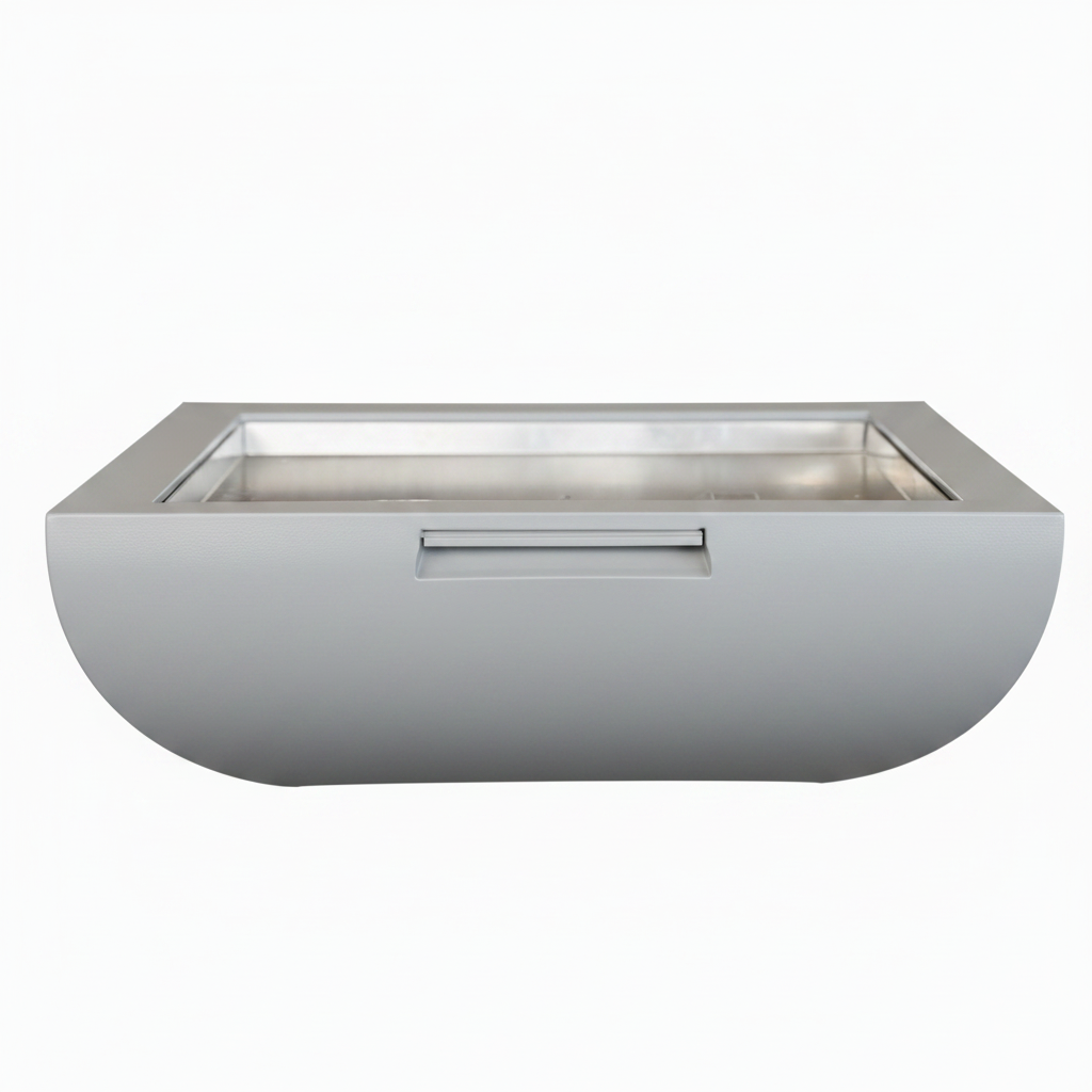 A modern rectangular outdoor fire pit with a matte gray outer shell, a stainless steel inner bowl, and a recessed control handle on the front, shown against a plain white background.