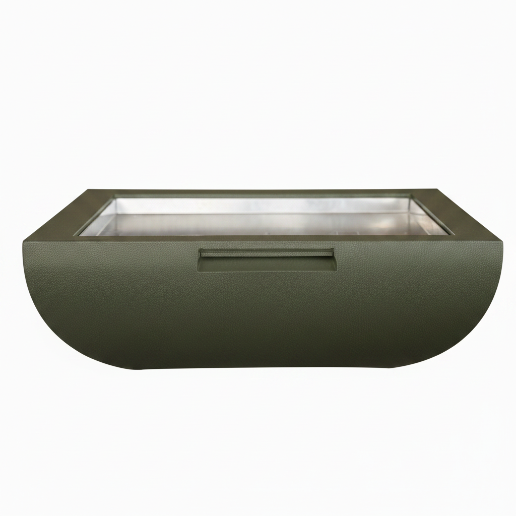An outdoor rectangular fire pit with a matte olive green exterior, a recessed center handle, and a clear glass wind guard on top, shown against a plain white background.