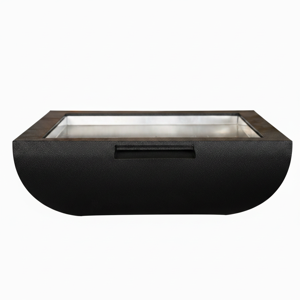 A modern outdoor fire pit with a textured black semi-circular body, a dark wood frame, and a clear glass wind guard on top, shown against a plain white background.