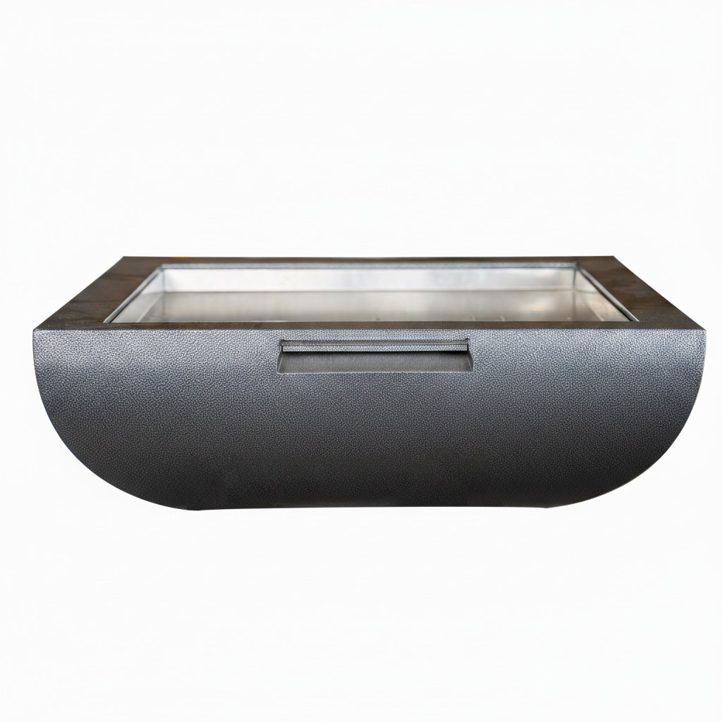 A modern rectangular outdoor fire pit with a textured dark gray exterior, a clear glass top, and a stainless steel interior, shown against a plain white background.